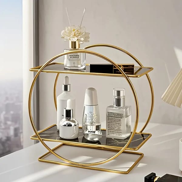 Elegant Golden Two Tier Metal Cosmetic Organizer Stand (White second floor）