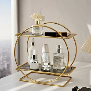 Elegant Golden Two Tier Metal Cosmetic Organizer Stand (White second floor） Secondary image