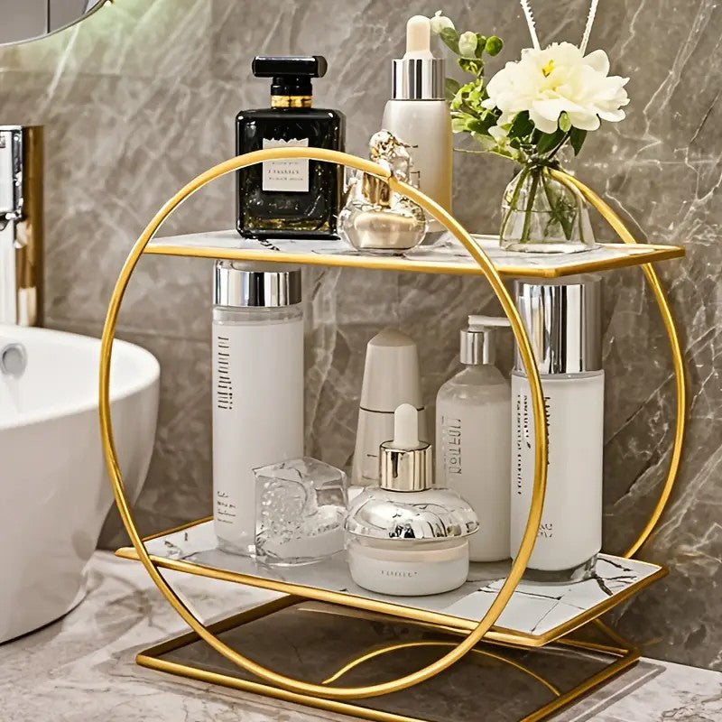 （White second floor）Elegant Golden Two-Tier Metal Cosmetic Organizer Stand - Luxury Countertop Makeup and Skincare Storage Shelf, Ideal for Bathroom Vanity, Home Decor, Dressing Table Accessories, and Perfume Storage Main image