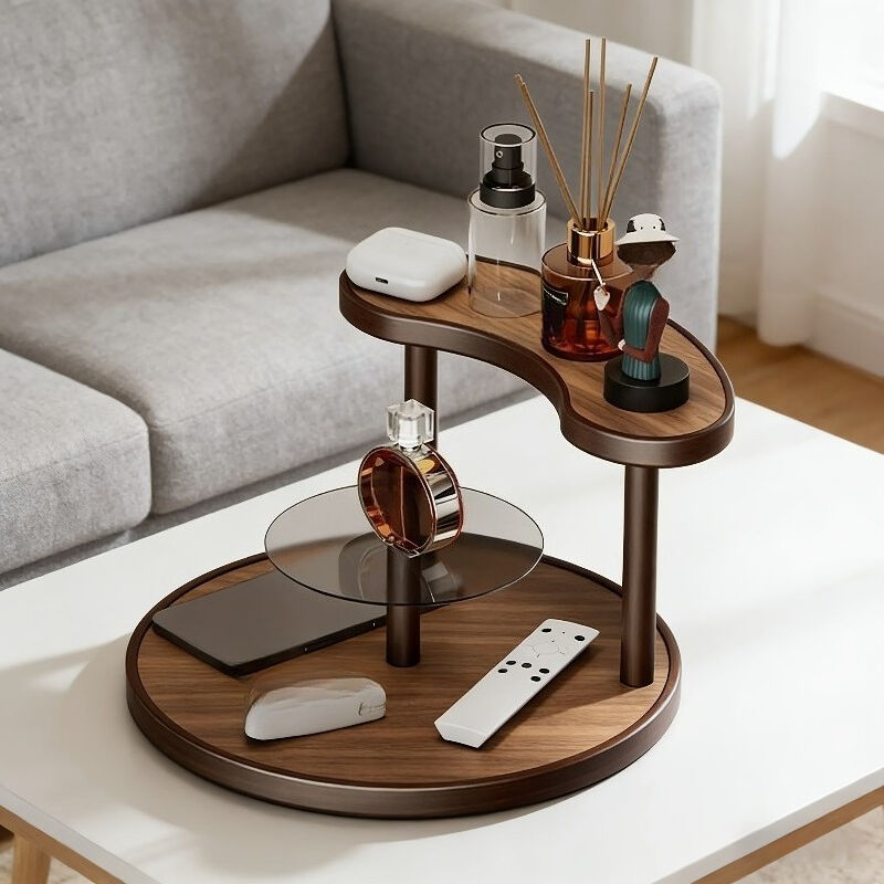 Three-tier Rotating Cosmetic Organizer, Wooden Bathroom Vanity Storage Rack, Suitable for Skincare Products, Perfumes, and Cosmetics — A Space-Saving Countertop Display Stand. Perfect for Placing on Coffee Tables, Office Desks,  （Walnut-colored acrylic v Main image