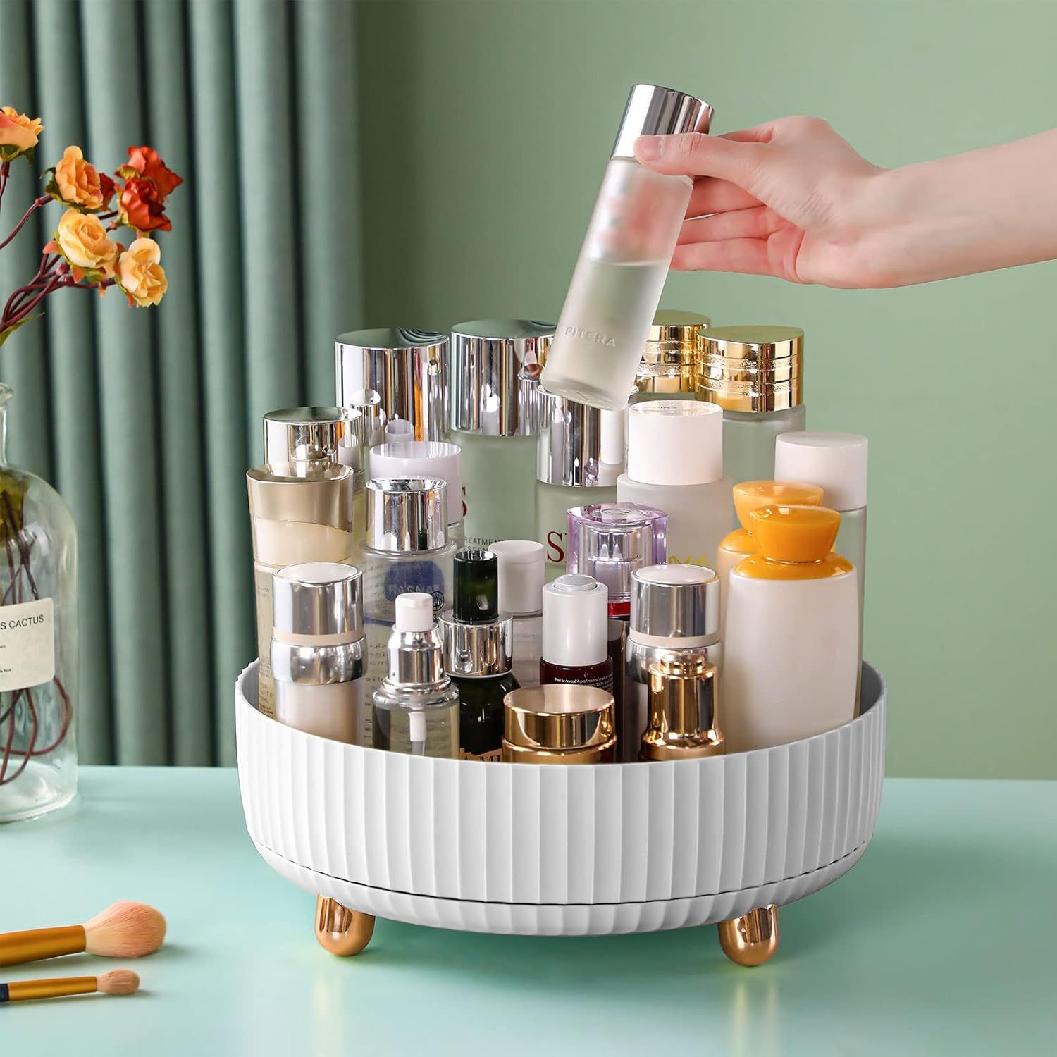360° Rotating Cosmetic Organizer with Gold Feet – Silent Smooth Turntable for Skincare, Makeup, Brushes, Perfume & Jewelry, Large Capacity Desktop Storage Tray, Non-Slip Base, Easy Access Vanity Organizer (White) Main image