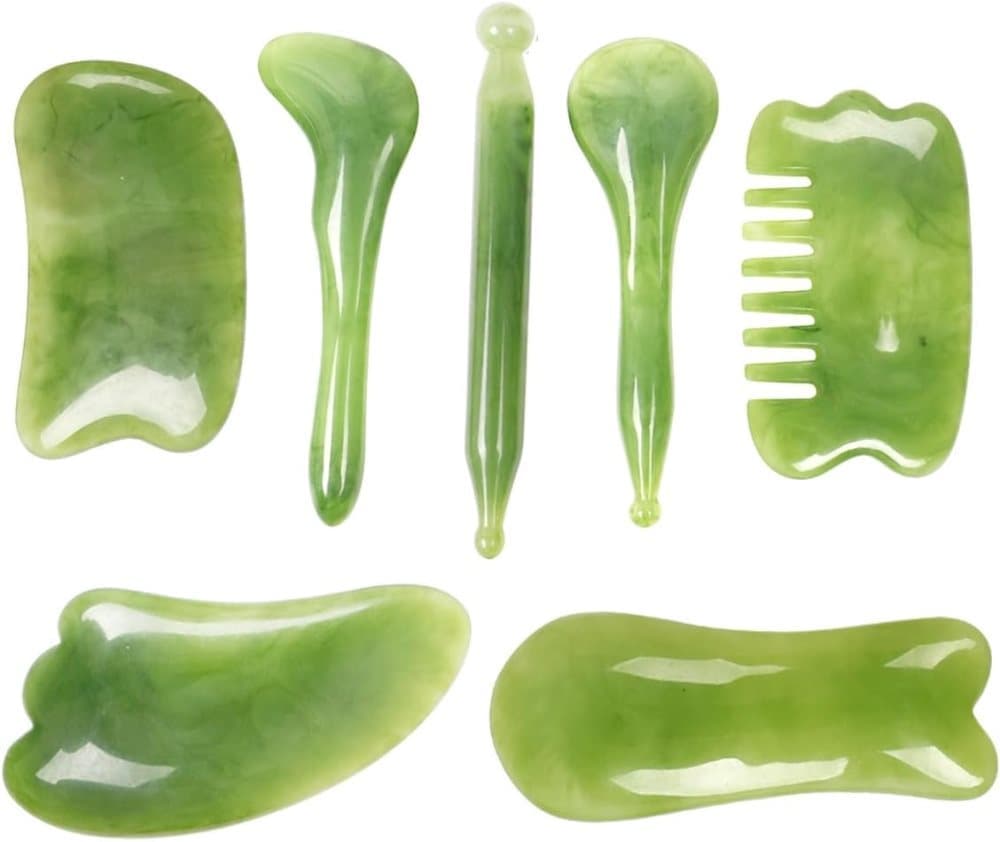 7-piece Gua Sha Set, Resin Facial and Body Massage Tool for Face Legs Back, Green Main image