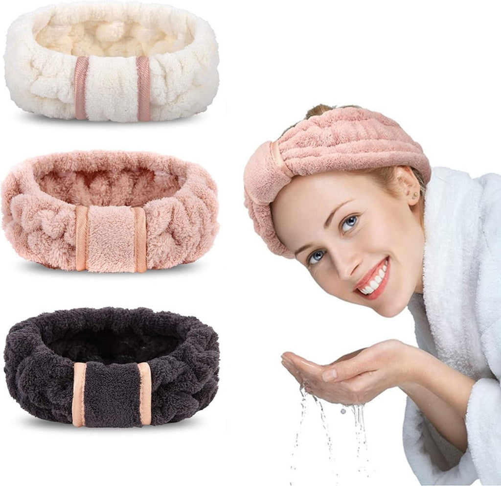 Headbands - Set of 3 - Stretchable - Face Headbands - Makeup Headbands - Cosmetic Headband - Spa Headband - Headbands for Women - Headband for Women and Girls Skincare - Off-White / Pink / Black