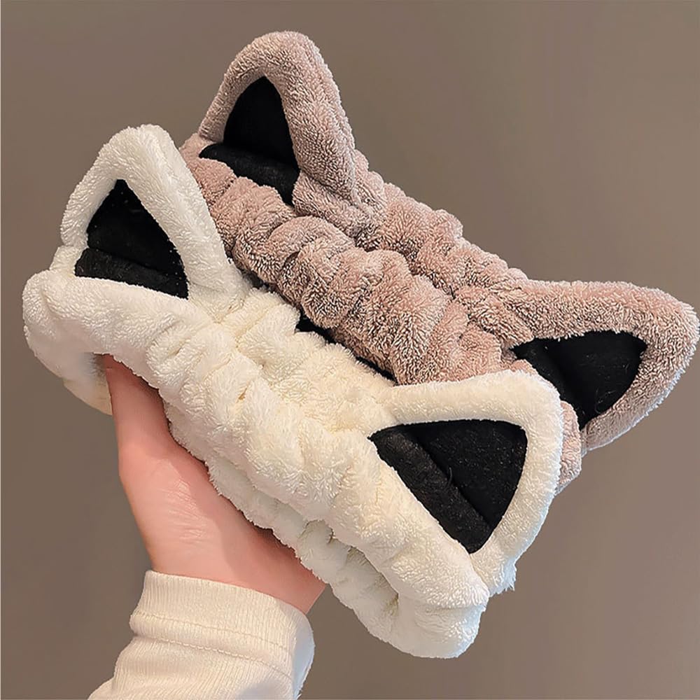 2 Packs Cute Cat Spa Headband for Washing Face Makeup Skincare, Animal Headbands for Women Girls Trendy Stuff Gifts Soft Coral Fleece Facial Wash Hair Accessories (Beige+ Khaki) Main image