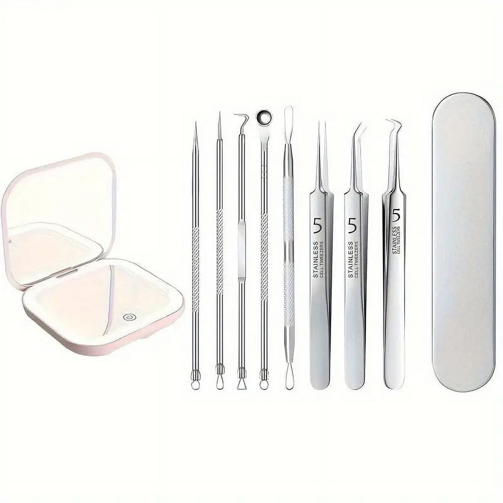 BYXAS Pimple Popper Tool Kit, 8 PCS Professional Stainless Steel Blackhead Remover Comedone Extractor Tools for Removing Zit on Face - Acne Removal Kit with Metal Case (Silver) 8 PCS with Makeup Mirror