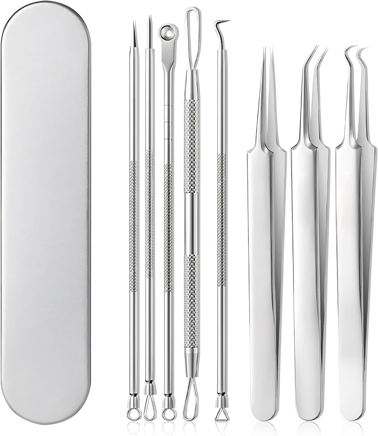 BYXAS Pimple Popper Tool Kit, 8 PCS Professional Stainless Steel Blackhead Remover Comedone Extractor Tools for Removing Zit on Face - Acne Removal Kit with Metal Case (Silver) 8PCS Main image