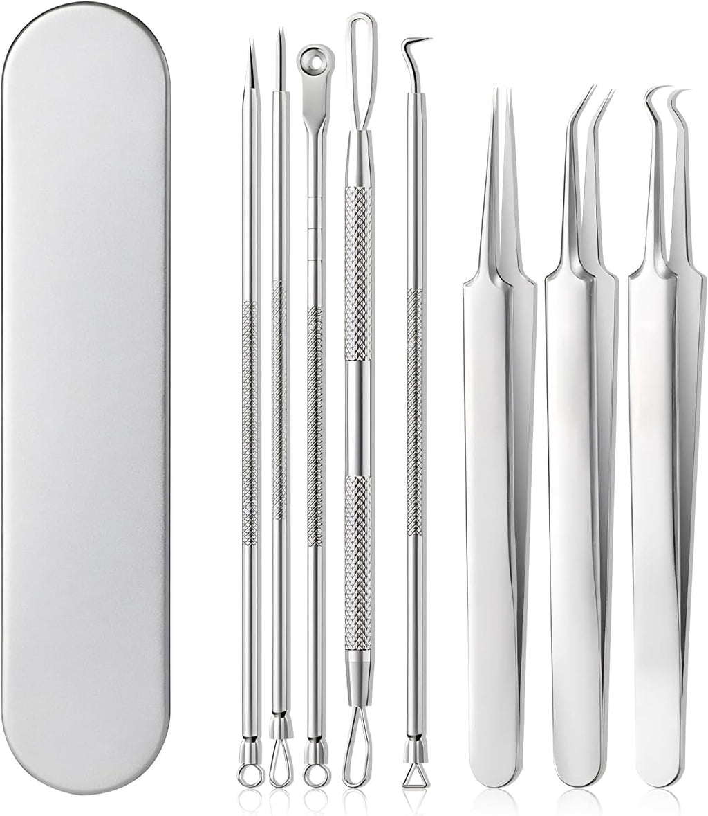 BYXAS Pimple Popper Tool Kit, 8 PCS Professional Stainless Steel Blackhead Remover Comedone Extractor Tools for Removing Zit on Face - Acne Removal Kit with Metal Case (Silver) 8PCS