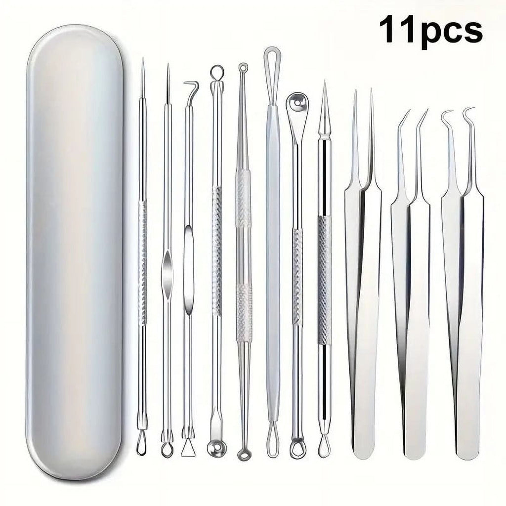 BYXAS Pimple Popper Tool Kit, 8 PCS Professional Stainless Steel Blackhead Remover Comedone Extractor Tools for Removing Zit on Face - Acne Removal Kit with Metal Case (Silver) 11PCS