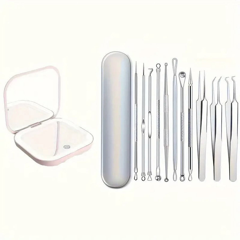 BYXAS Pimple Popper Tool Kit, 8 PCS Professional Stainless Steel Blackhead Remover Comedone Extractor Tools for Removing Zit on Face - Acne Removal Kit with Metal Case (Silver) 11PCS with Makeup Mirror