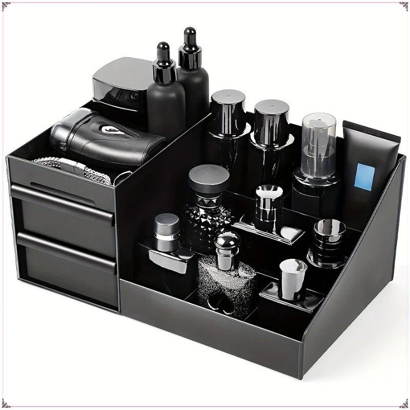 Black Mens Wash Bag & Vanity Organiser | 2 Drawer Acrylic Bathroom Storage for Grooming & Skincare Main image