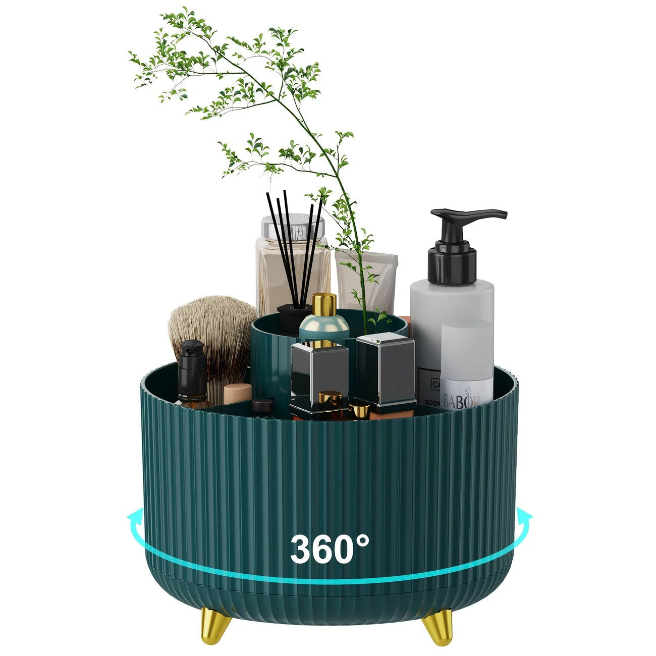 Green 360-Degree Rotating Cosmetic Organizer – 1 Plastic Makeup Storage Box with 5 Compartments – Multi-Purpose Holder for Brushes, Lipsticks, Skincare Products, and Stationery – Durable Odor-Free Desktop Storage Container with Luxurious Stripe Design Main image