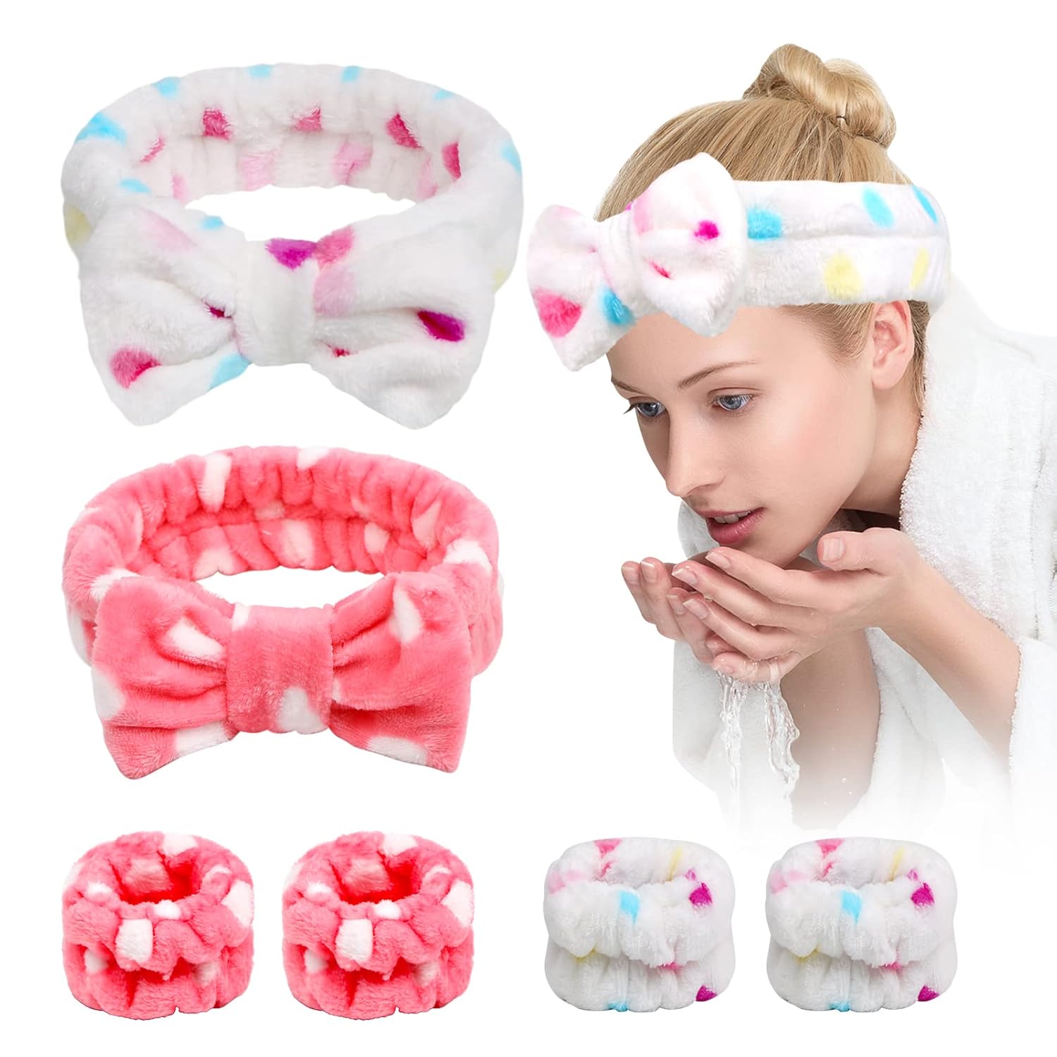 6 Pcs Face Wash Headband Wristband Set,Spa Headband Makeup Skincare Headbands Wrist Bands Scrunchies Bracelets for Washing Face (Pink white,Love) Main image