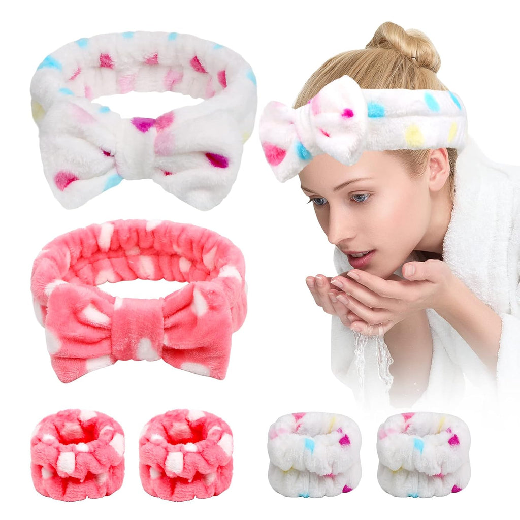 6 Pcs Face Wash Headband Wristband Set,Spa Headband Makeup Skincare Headbands Wrist Bands Scrunchies Bracelets for Washing Face (Pink white,Love)
