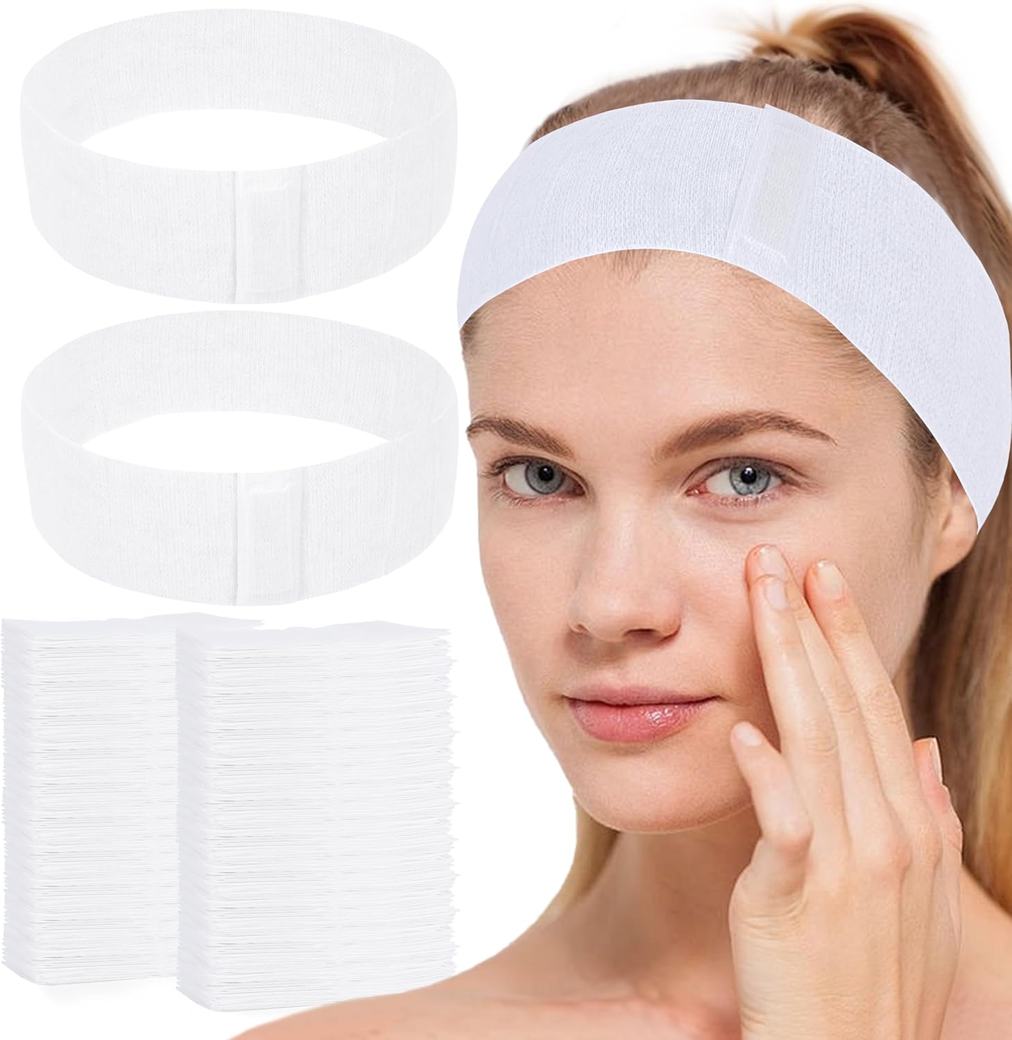 200 Count Disposable Spa Facial Headbands with Convenient Closure,White Stretch Facial Headwraps Soft for Facials Skincare Spa Main image