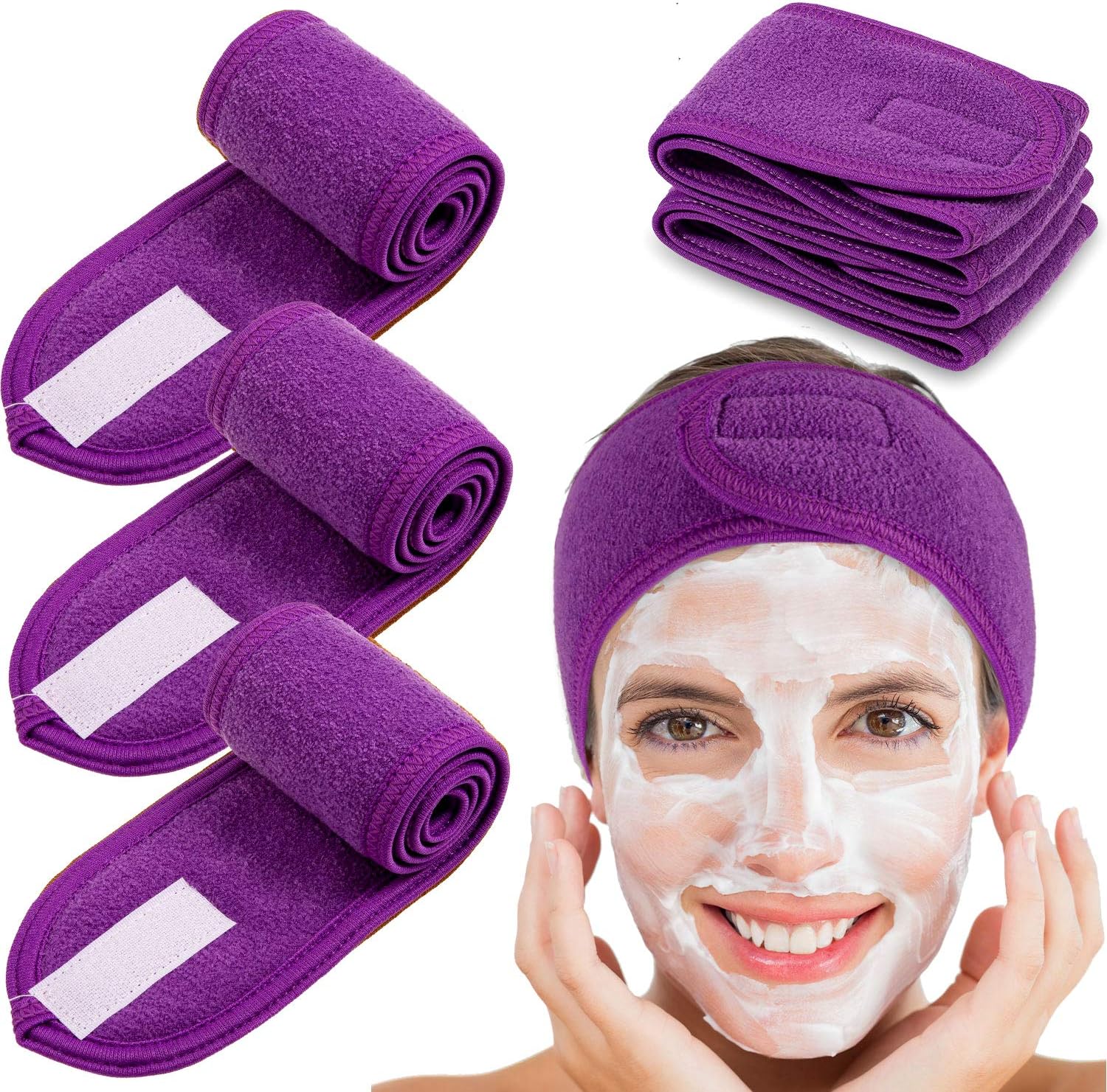 Spa Facial Headband  4 Packs Head Wrap Terry Cloth Headband Adjustable Stretch Towel for Bath, Makeup and Sport (Purple) Main image