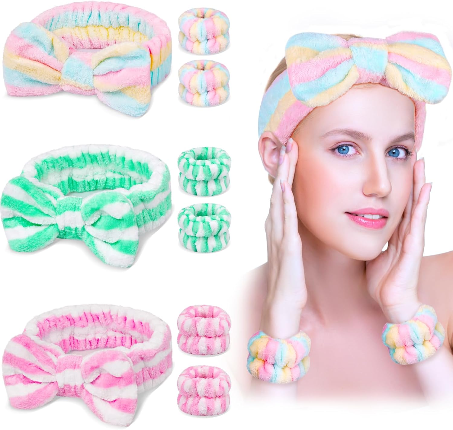 9PCS Spa Headband Kit for Women & Girls: Bowknot Makeup Headbands with Wristbands for Face Skincare, Bathing, Yoga (Pink, Blue, White) Main image