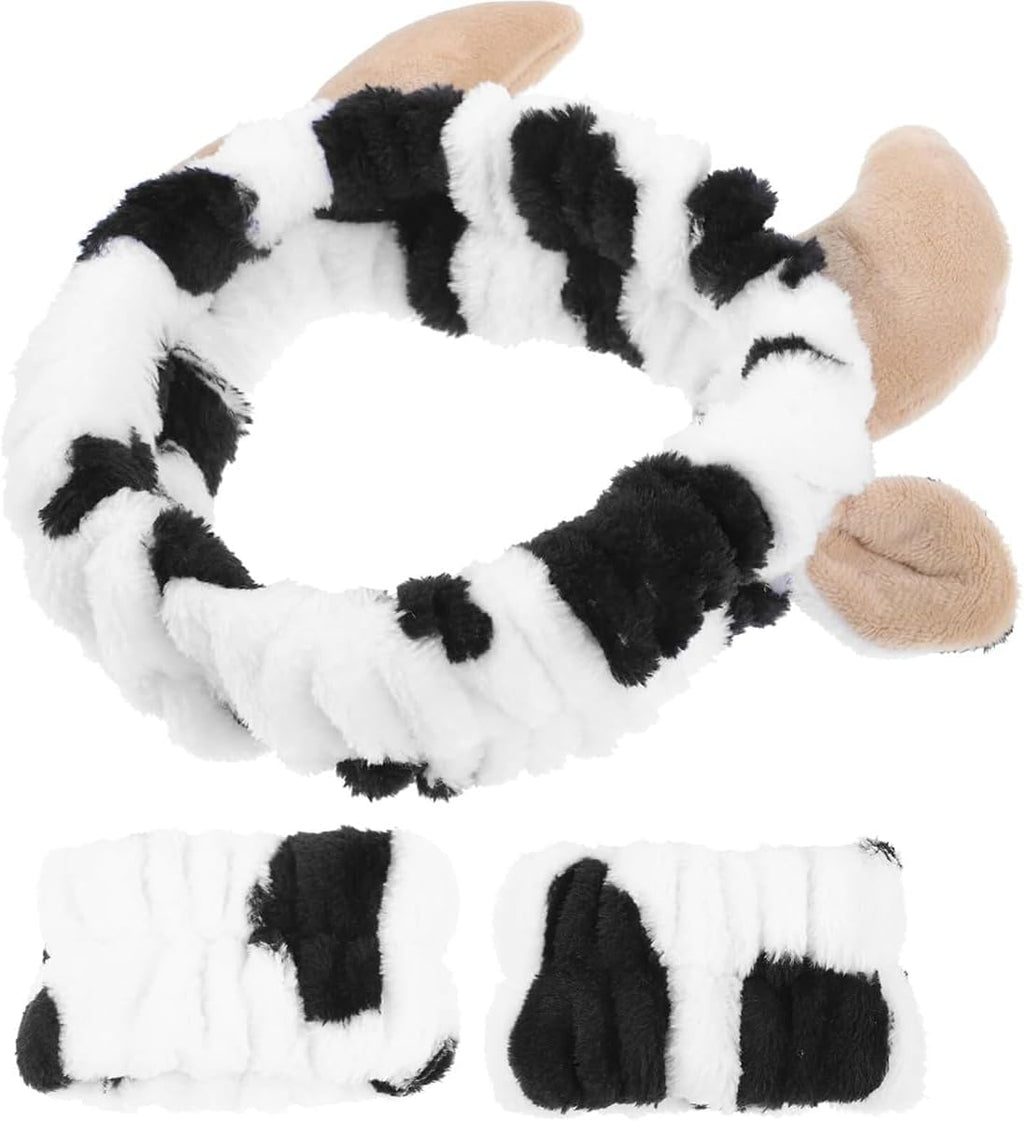 Flannel Cow Horn Headband with Wristbands Soft Adjustable Hair Band for Women Perfect for Skincare Bathing