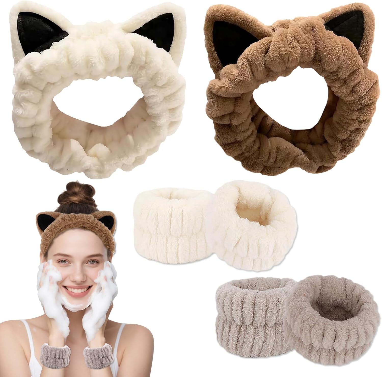 4-Piece Set Headband for Washing Face, Cute Makeup Headband & Wrist Bands to Wash Face, Skincare Headband, Spa Headband, Face Wash Wristbands, Stretchable Headbands, Perfect for Spa and Sports Use Main image