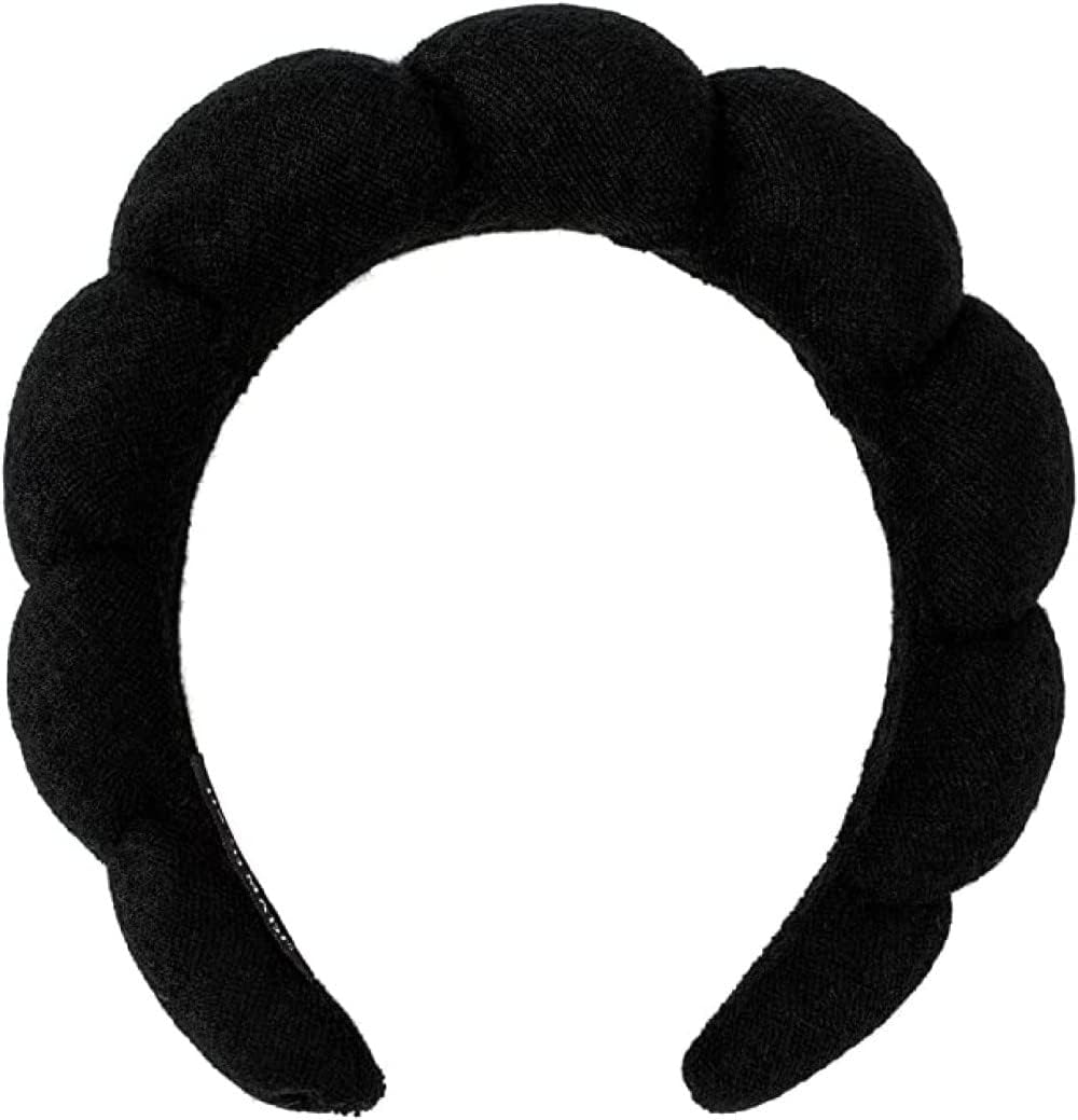 Spa Headband Hair Band for Women - Puffy Sponge Black Headbands for Washing Face Hair Headband for Skincare, Makeup Removal, Shower - Soft Absorbent Terry Towel Cloth Fabric Main image