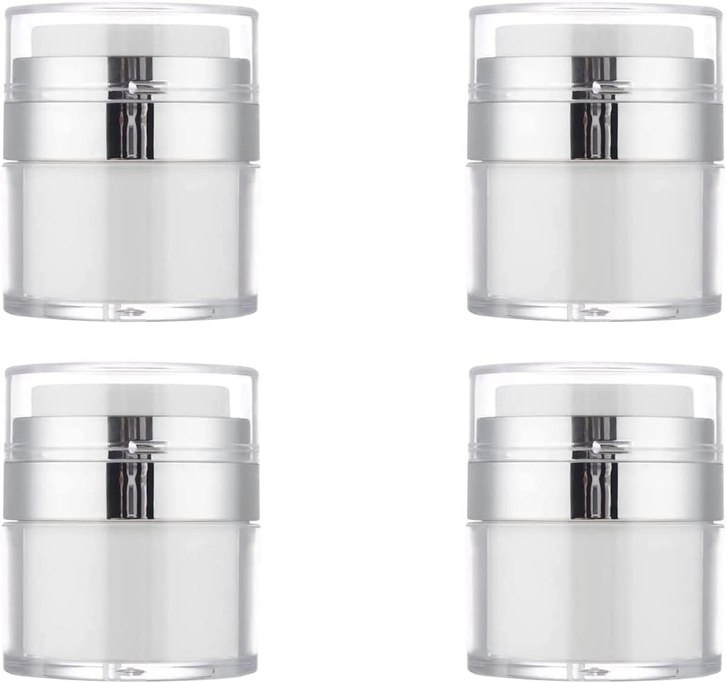 4Pack Empty Airless Pump Jar Portable Refillable Travel Size Cream Jar Vacuum Bottle Lotion Jar with Pump Lid for Skincare Cream, White, Vacuum with Lid Can Refill Cosmetics (100ml)