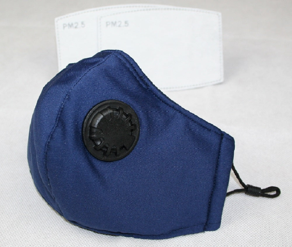Reusable Cotton Cloth Face Mask w 2 PM2.5 Filters Adjustable w Breathing Valve 3Ply Blue Main image