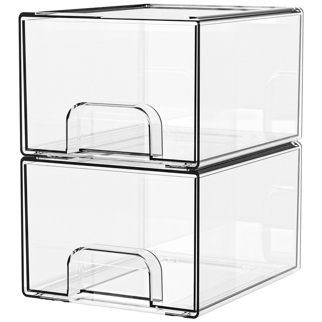 2-Pack Stackable PET Clear Makeup Organizer Drawers - Multi-Purpose Desktop Storage Case for Cosmetics, Skincare, and Office Supplies - Dustproof Vanity Organizer with Pull-Out Handles and Anti-Slip Base