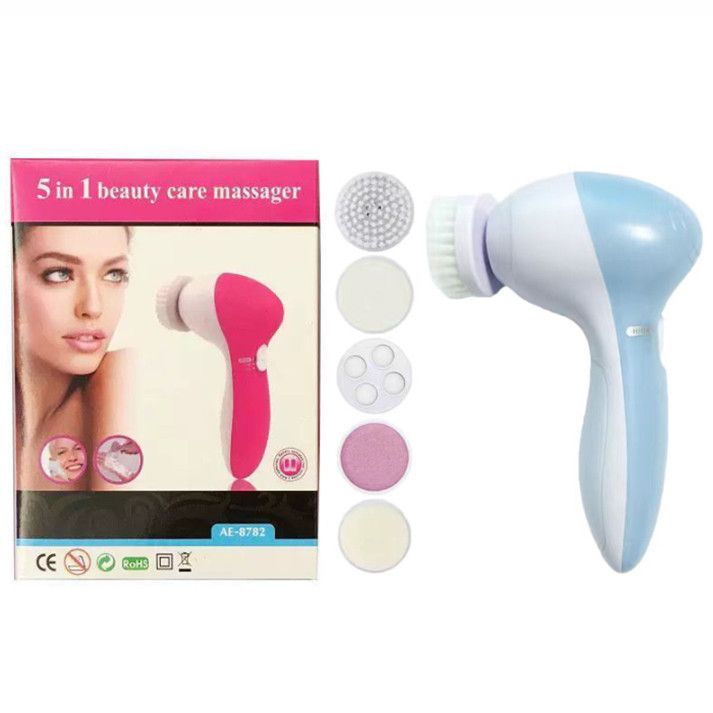 Blue 5-in-1 Electric Facial Cleansing Brush - Rotating Face Scrubber with 5 Interchangeable Heads for Deep Pore Cleaning, Exfoliating & Massaging - Battery Operated (2 x AA, Not Included) Main image